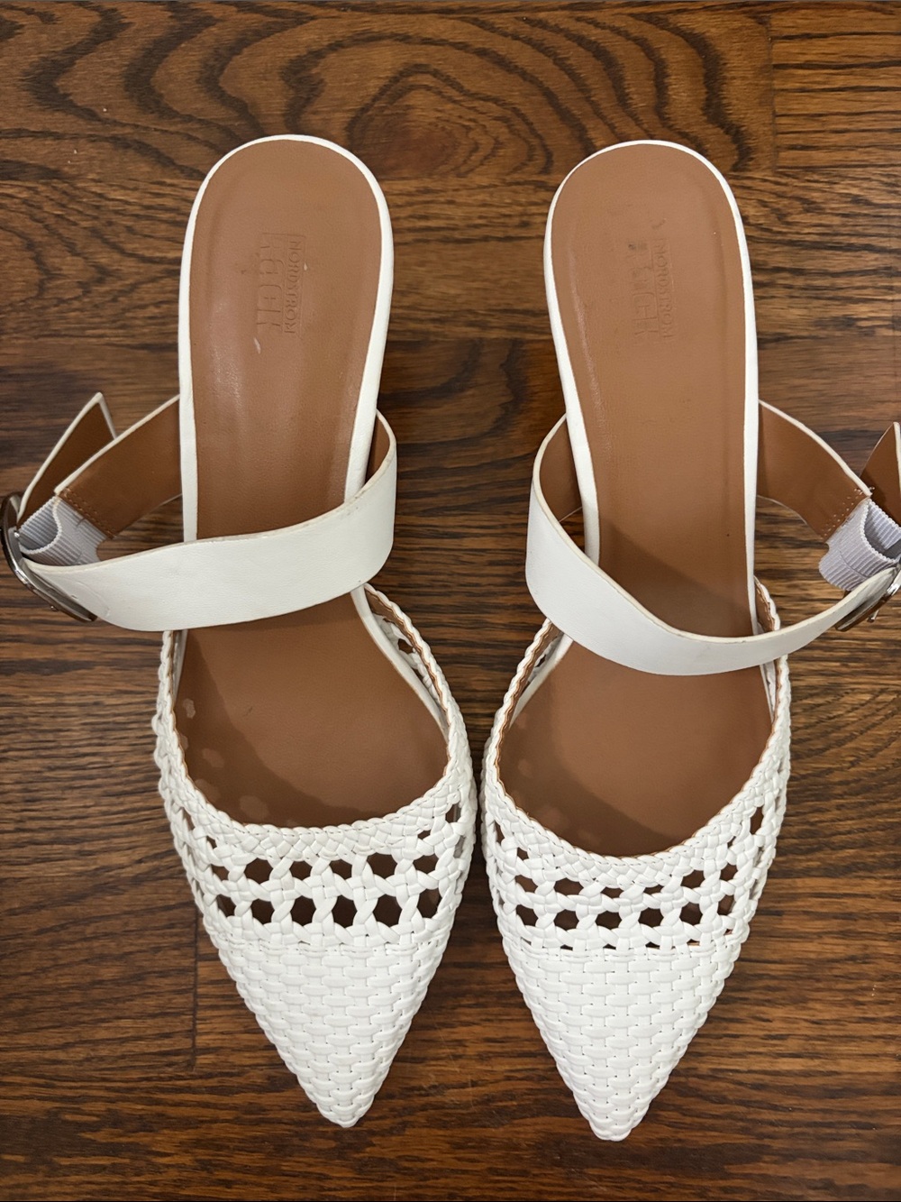 Woven Pointed-Toe White Slingback Heels